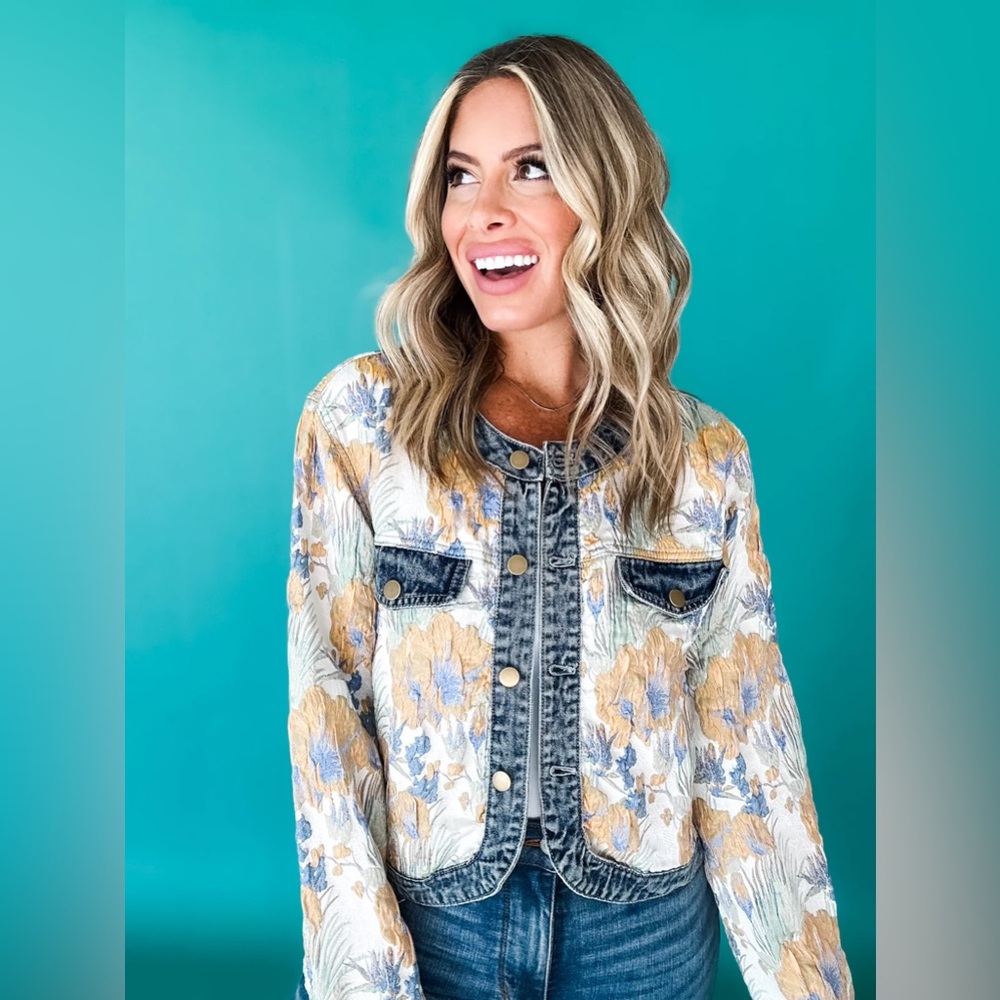Floral woven jacquard denim button boho bohemian jacket - Picture 10 of 14